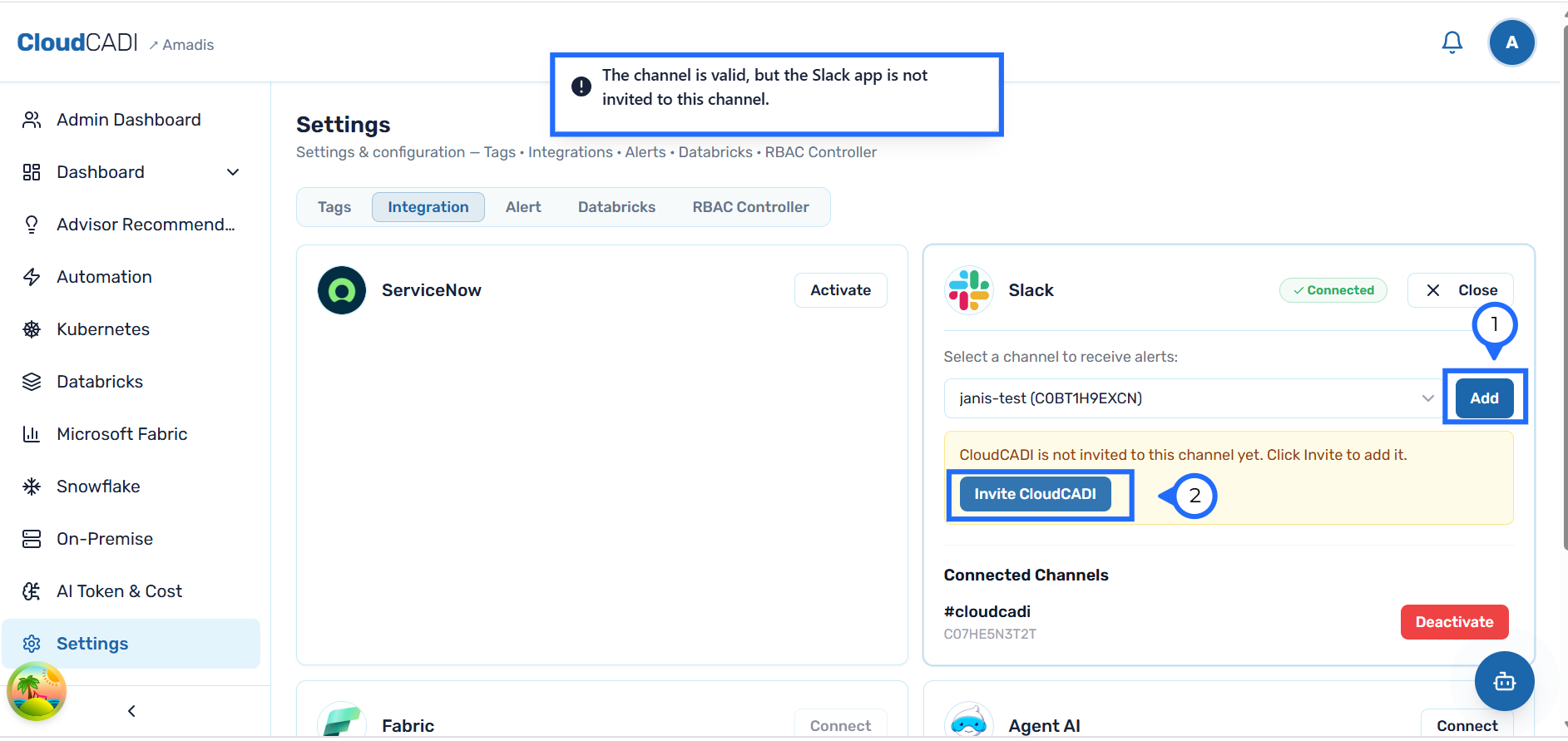 CloudCADI Slack Channel Not Added
