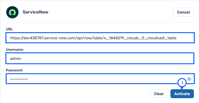 CloudCADI ServiceNow activate form