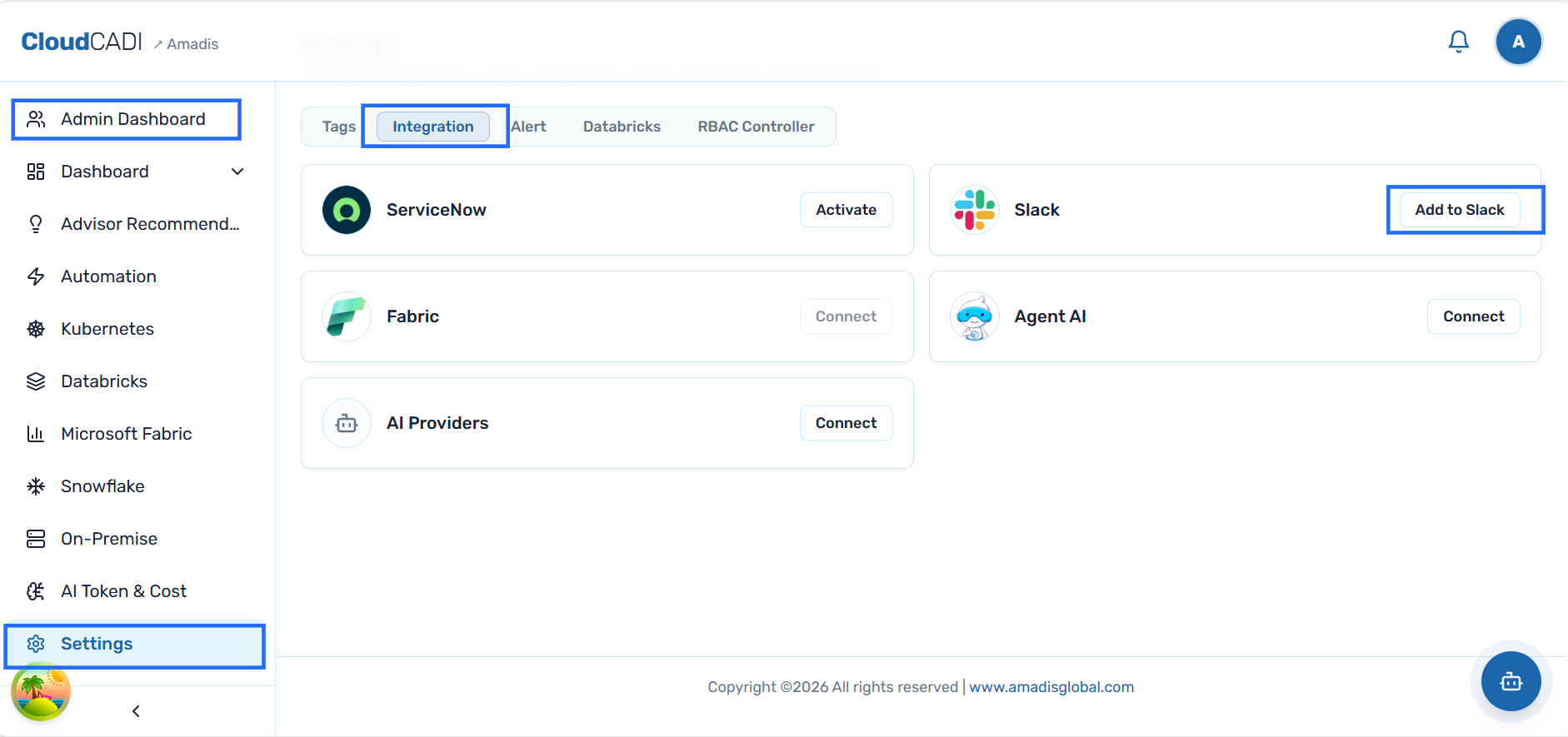 CloudCADI Slack settings