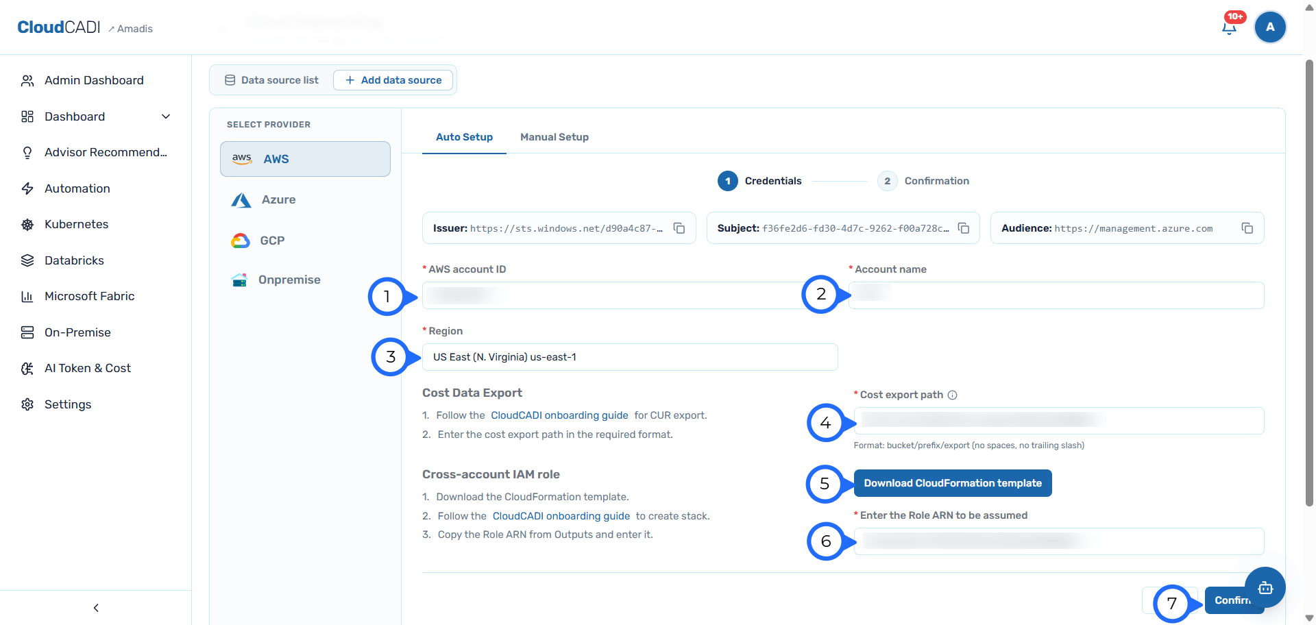 Enter account details, region, and download the template