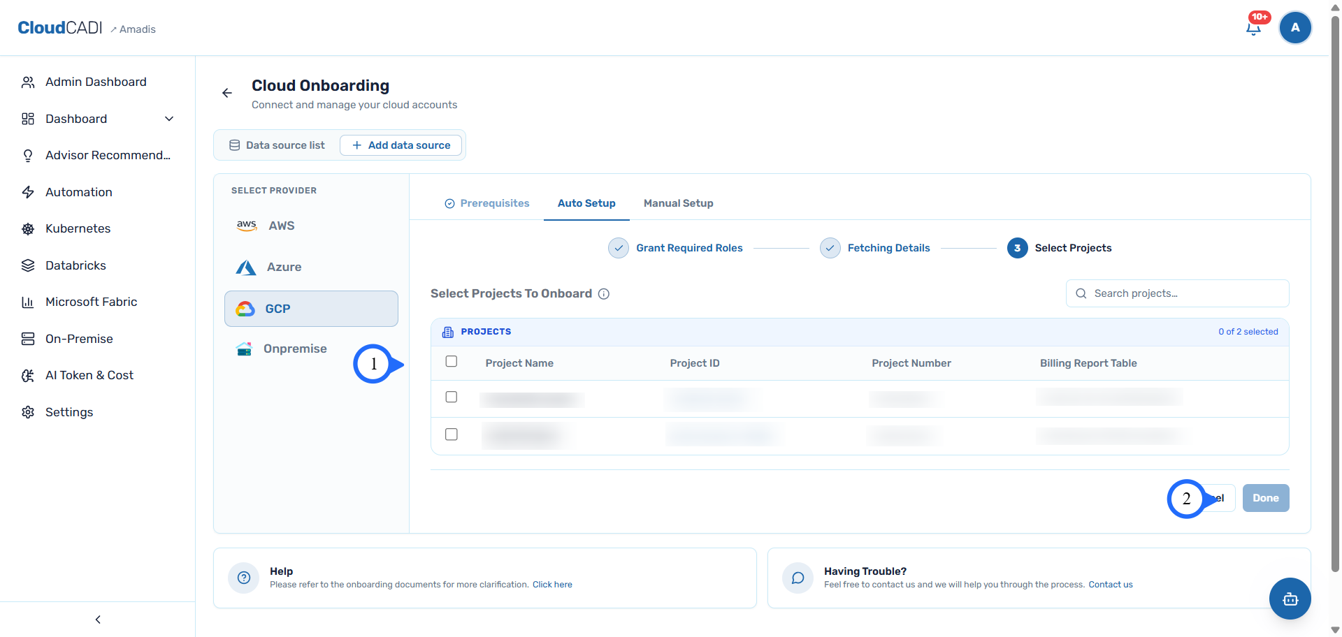 Select projects to onboard