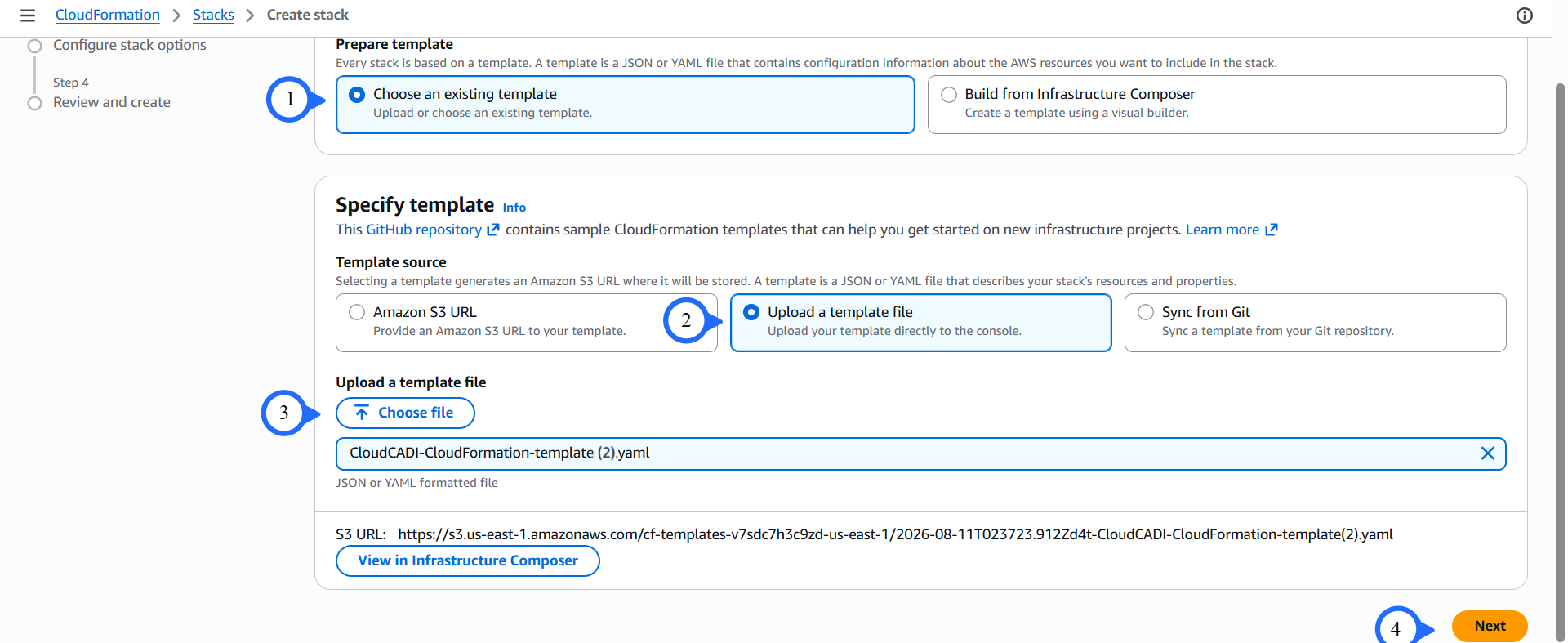 Upload the CloudFormation template