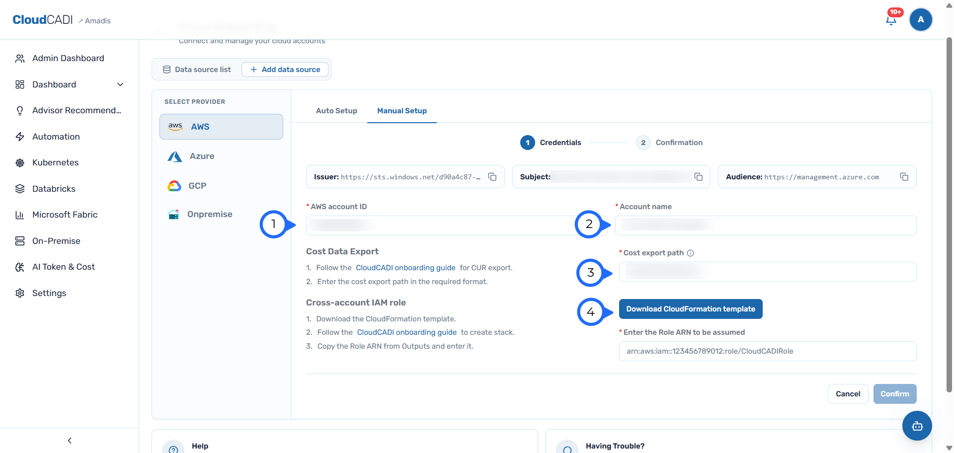 Enter account details and download the CloudFormation template