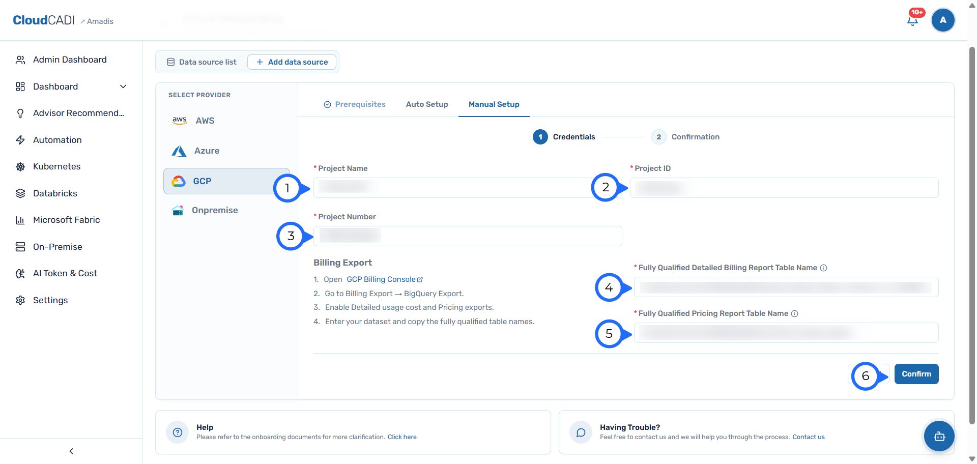 Enter project and billing export details