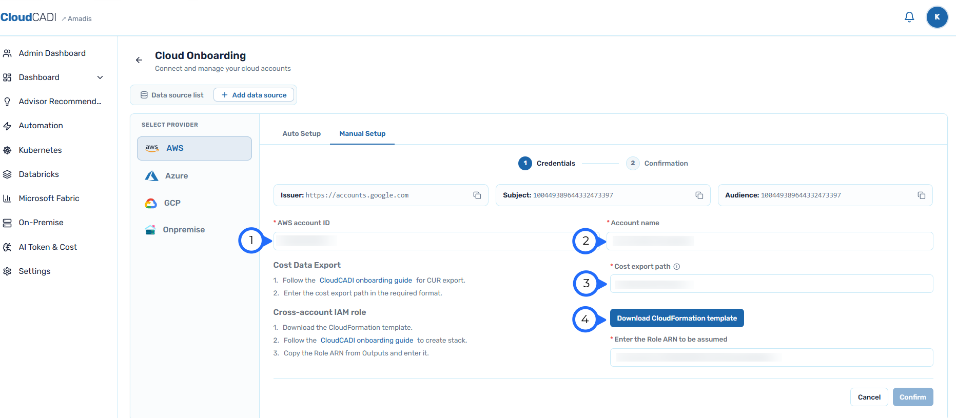 Enter account details and download the CloudFormation template