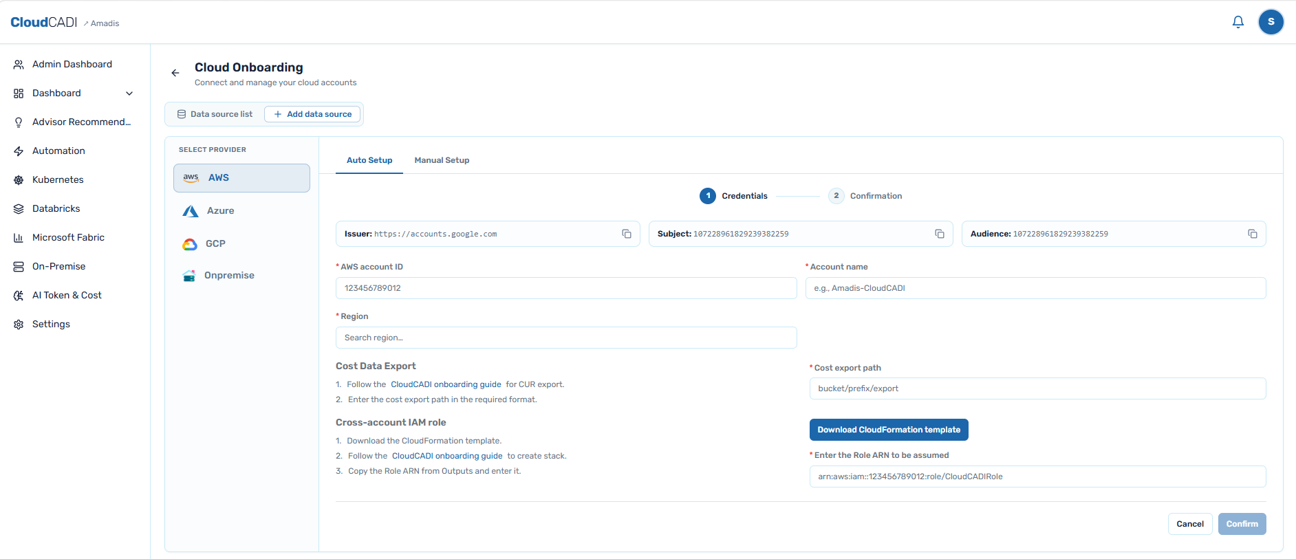 CloudCadi GCP prerequisite values