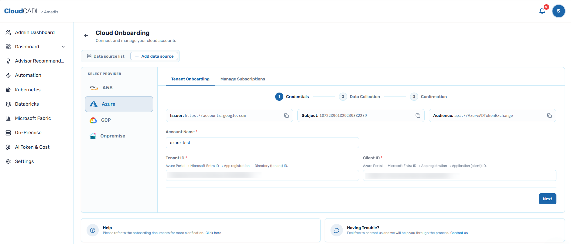 Azure credentials step