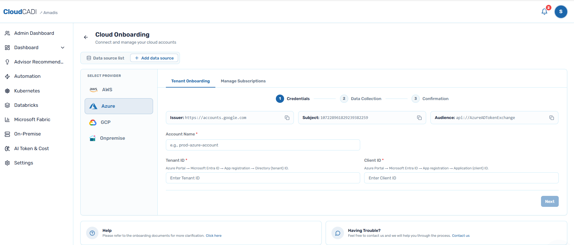 CloudCADI Azure prerequisite values