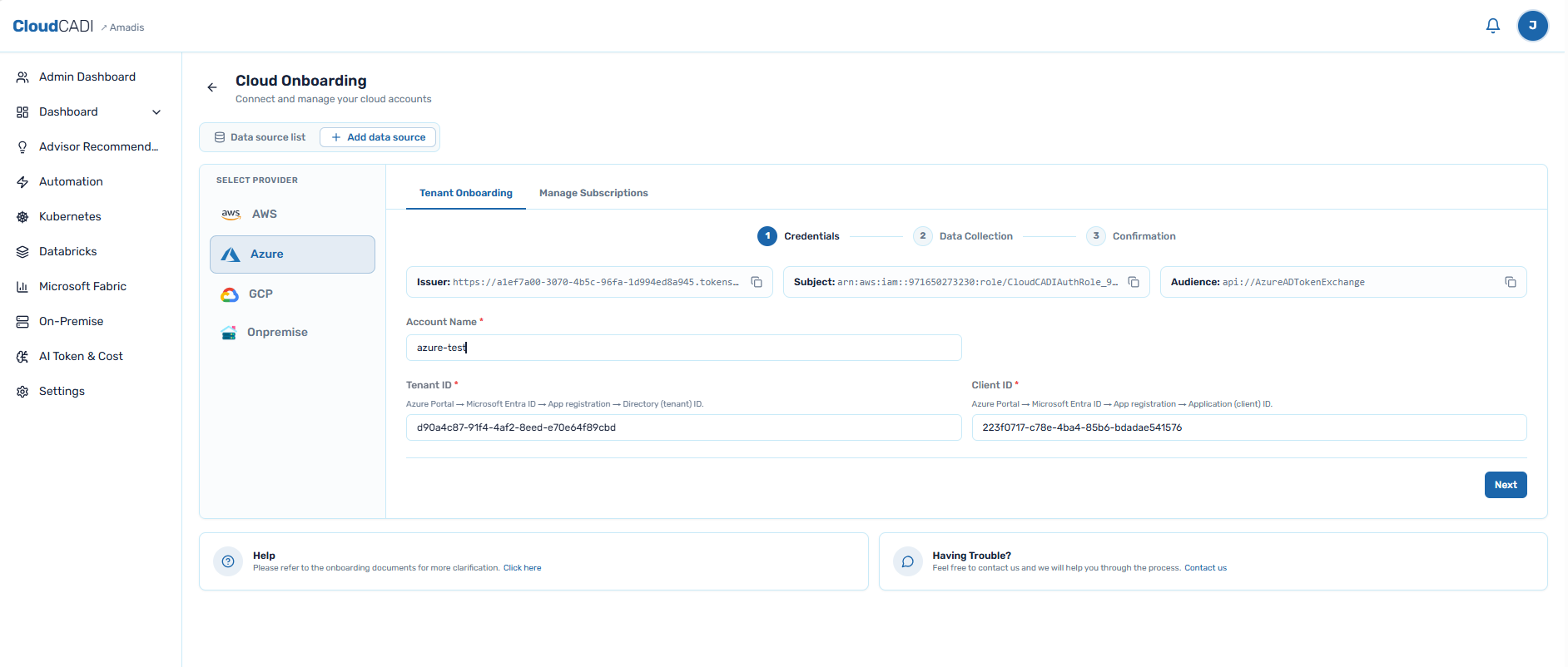 Azure credentials step
