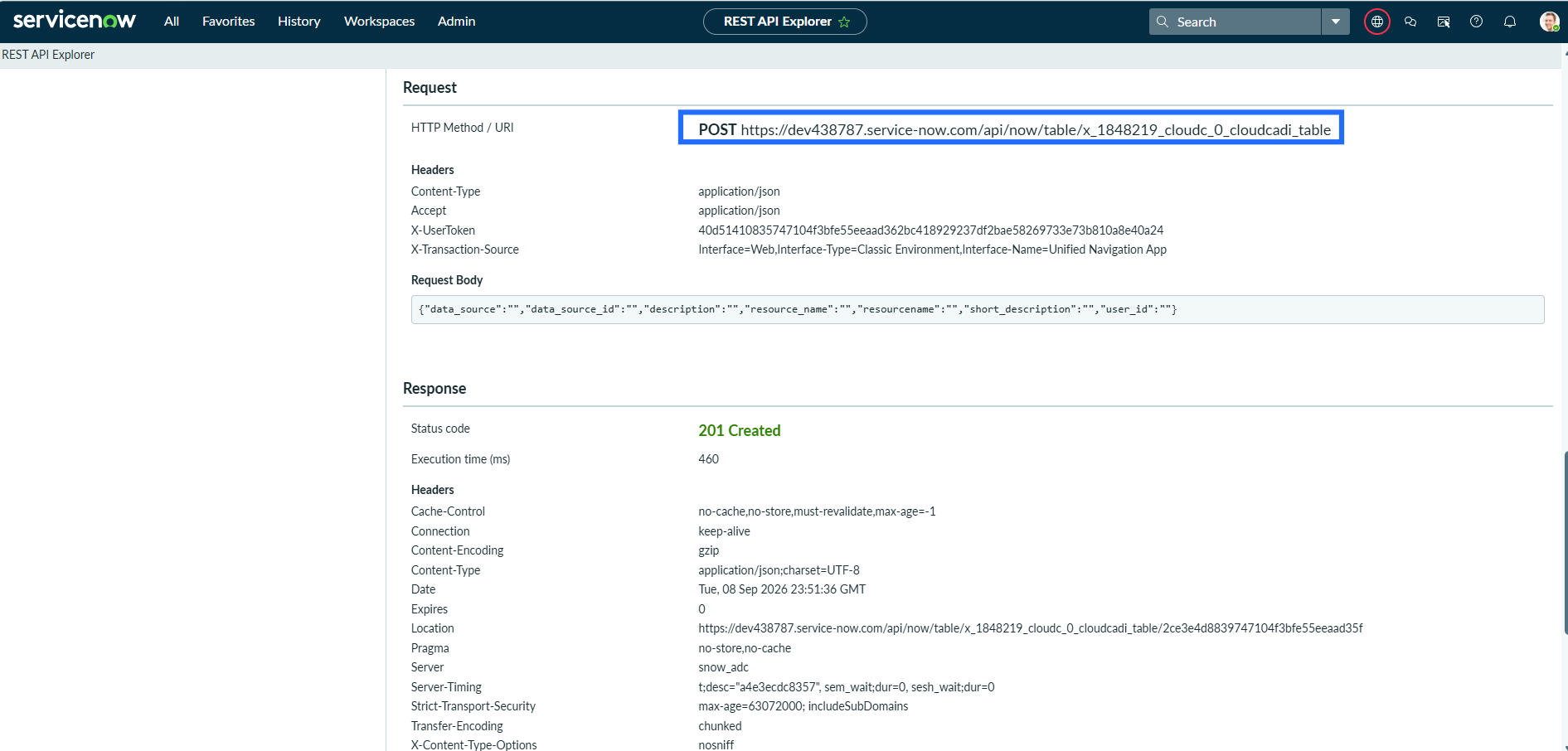 CloudCADI ServiceNow POST URL