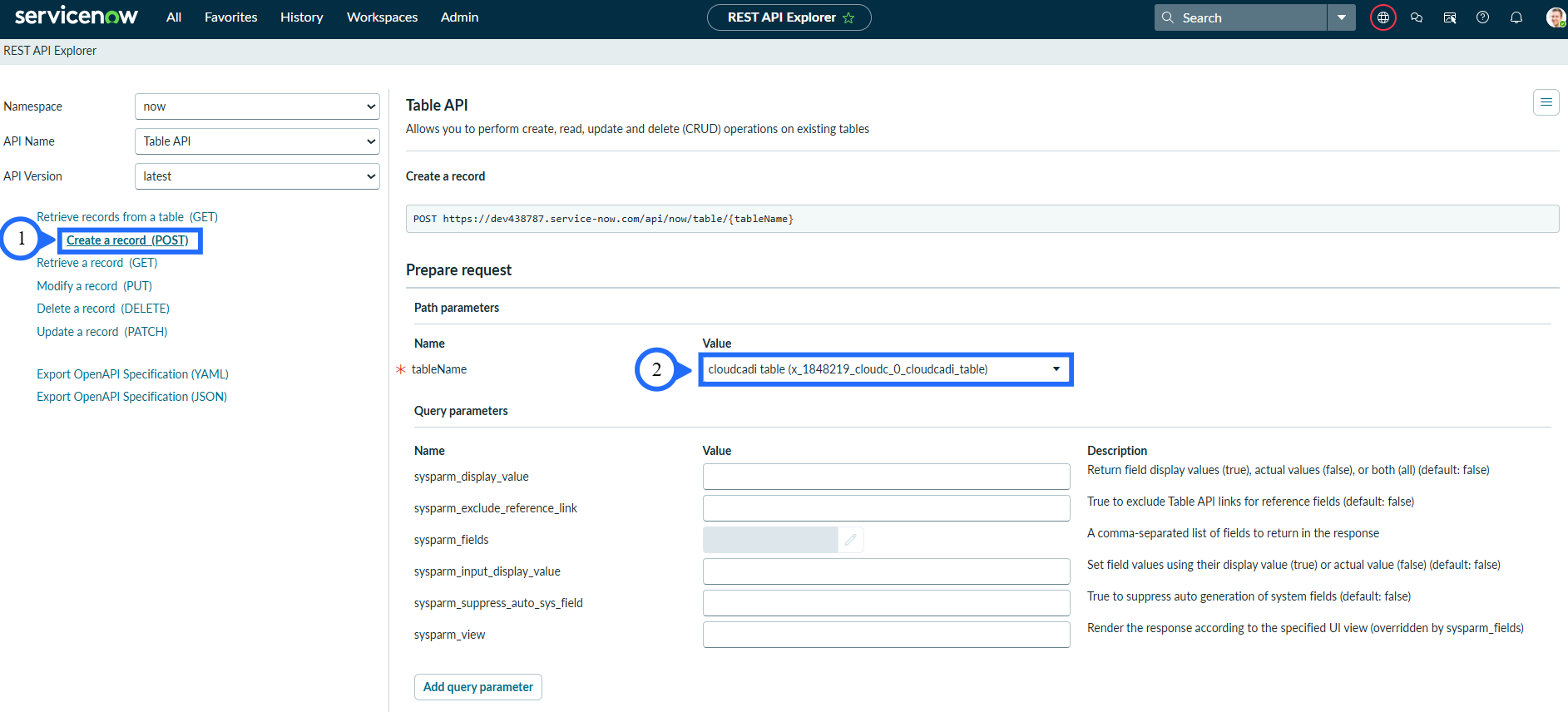 CloudCADI ServiceNow select table