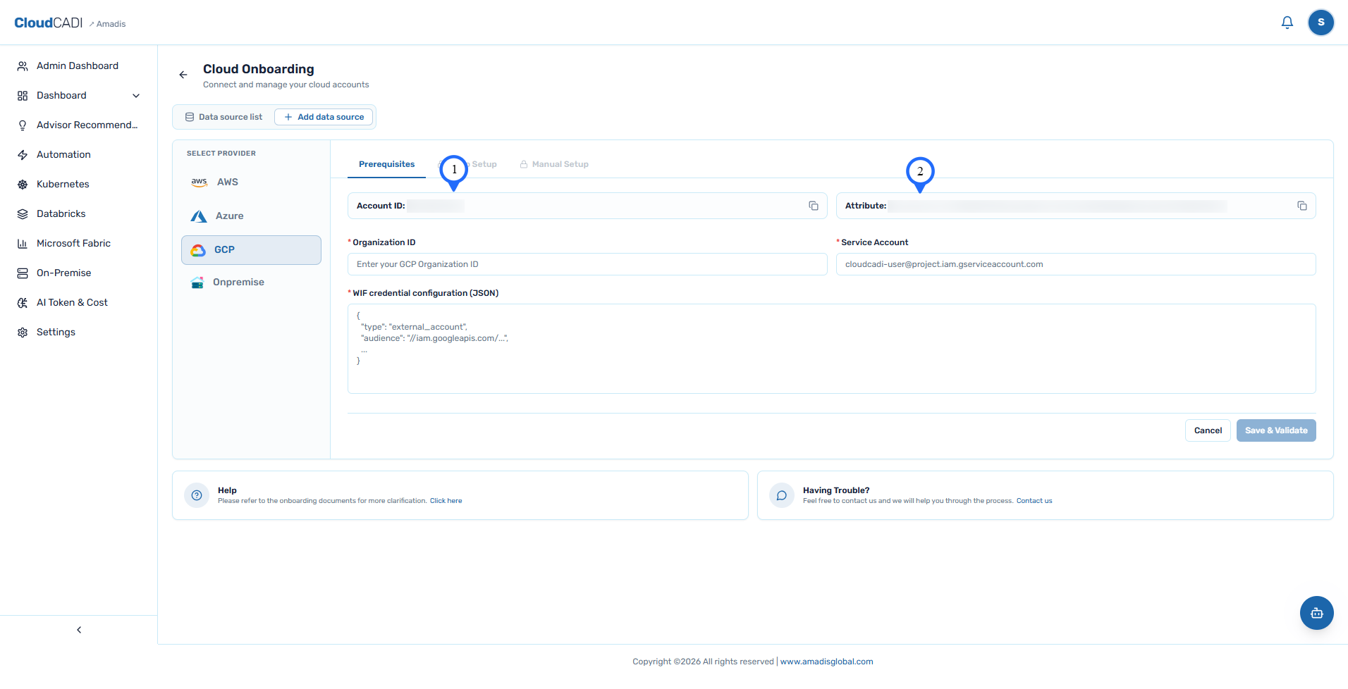 CloudCADI GCP prerequisite values