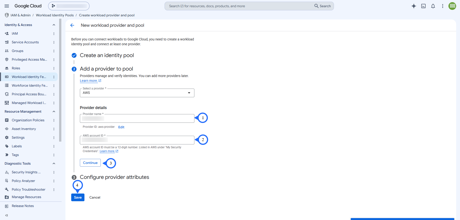 Enter provider name and aws account id 