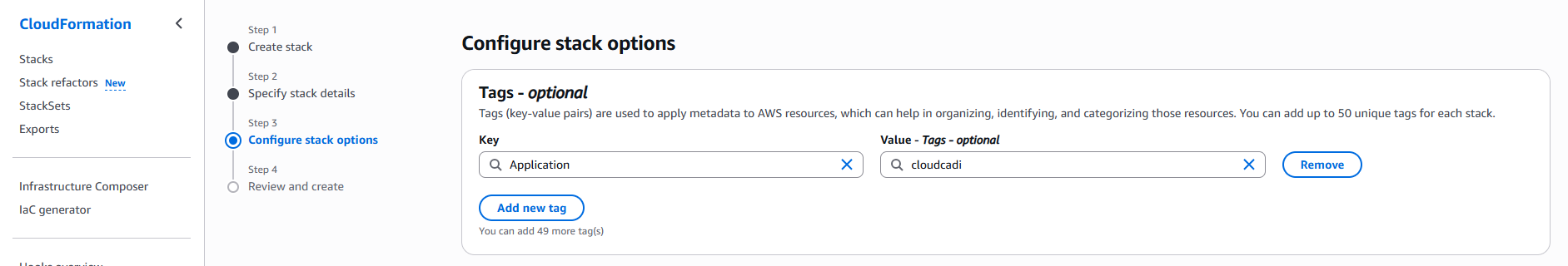 Configure stack options - Tags