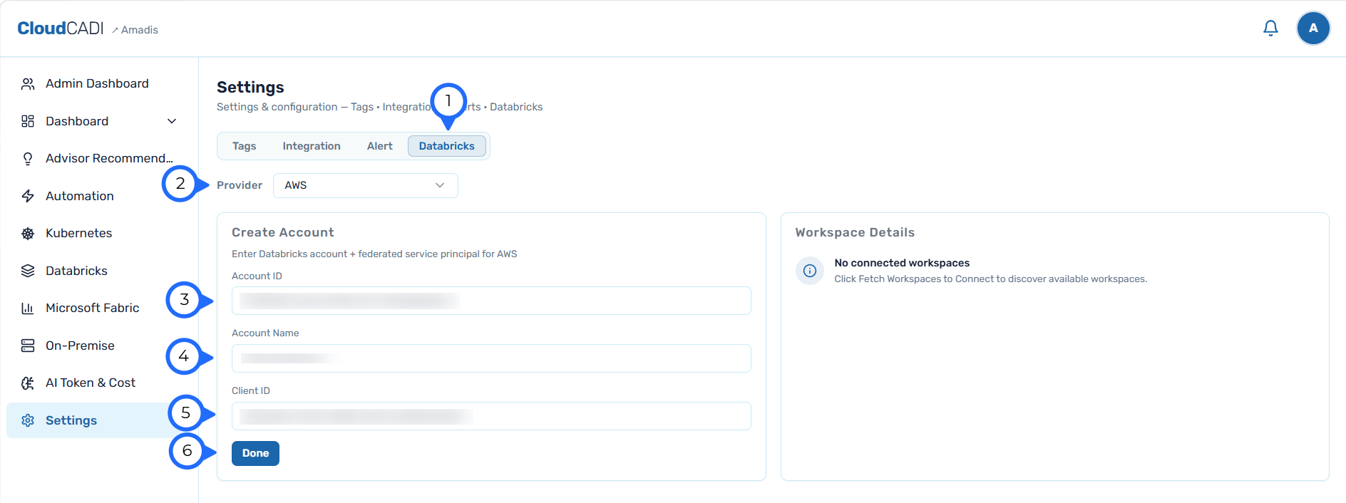 CloudCADI Databricks settings
