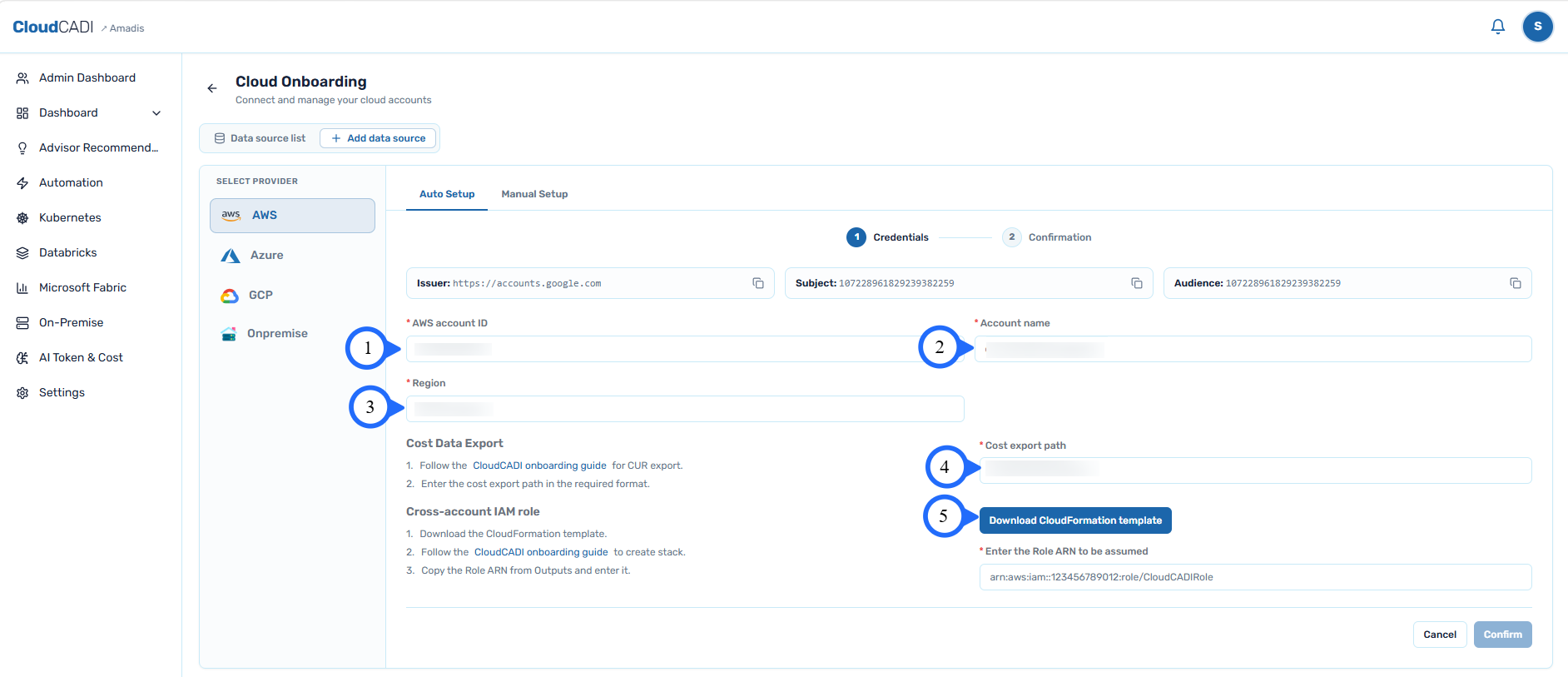 Enter account details, region, and download the template