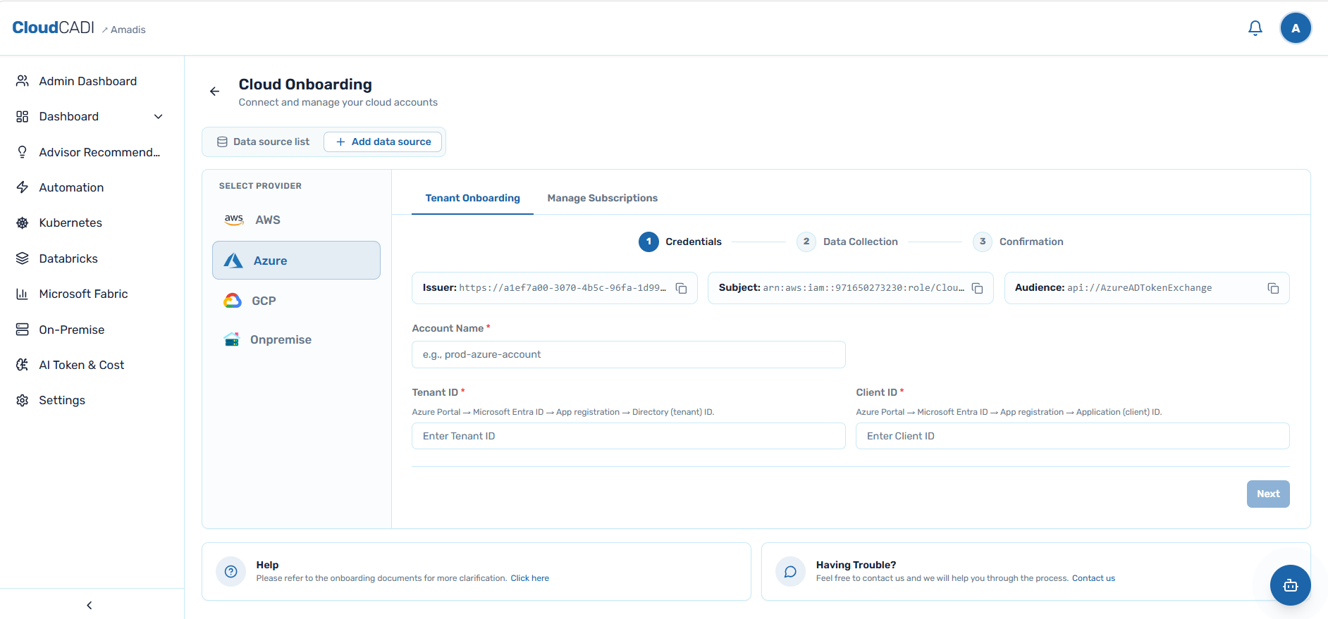 CloudCADI Azure prerequisite values