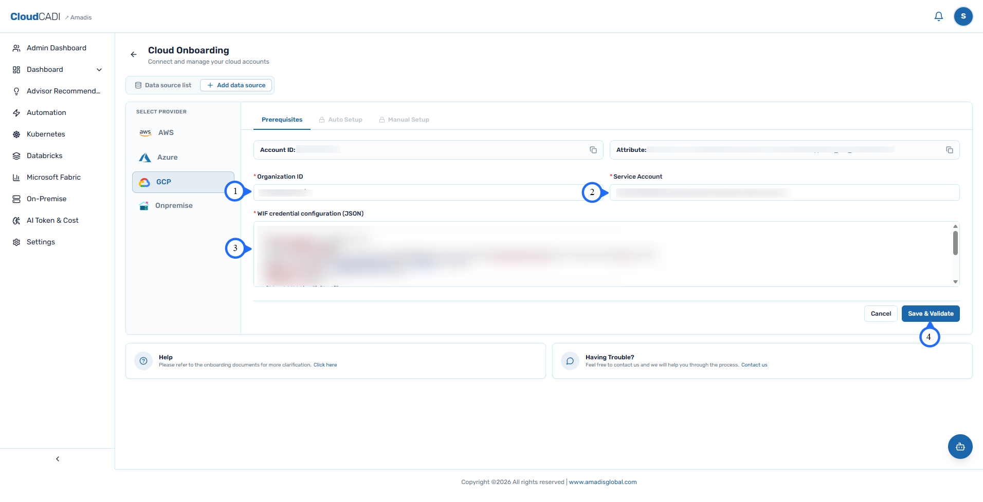 Enter organization ID, service account, and WIF config in CloudCADI