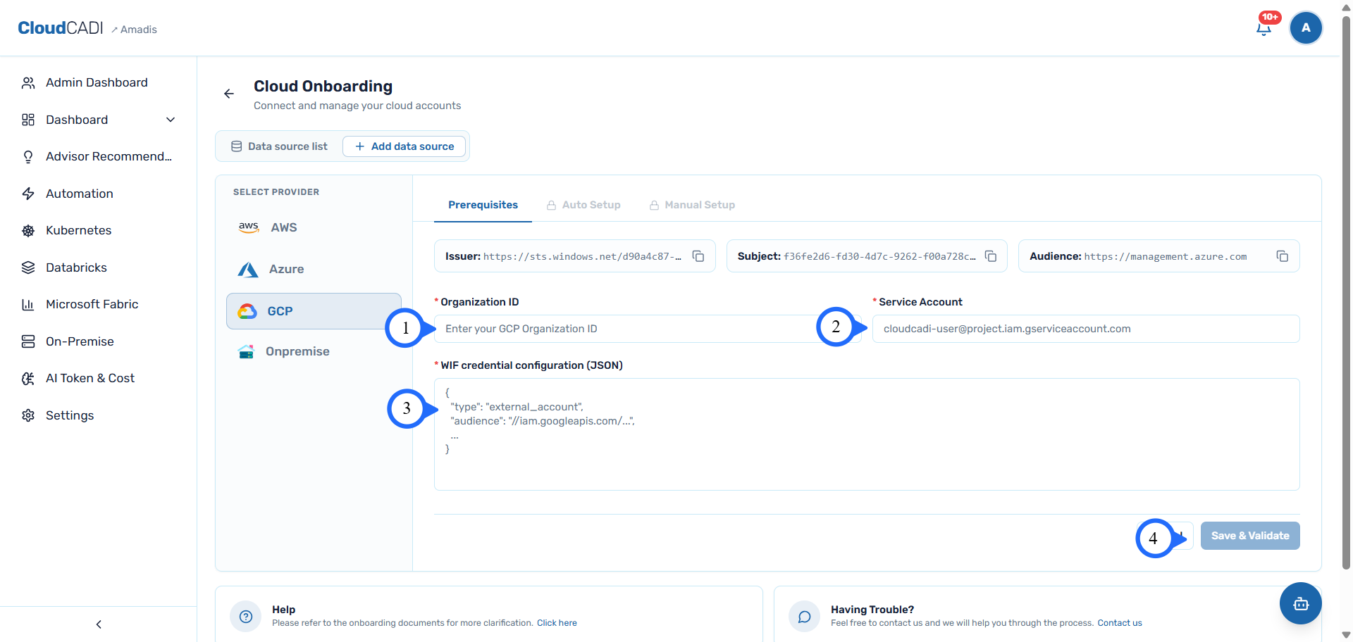 Enter organization ID, service account, and WIF config in CloudCADI