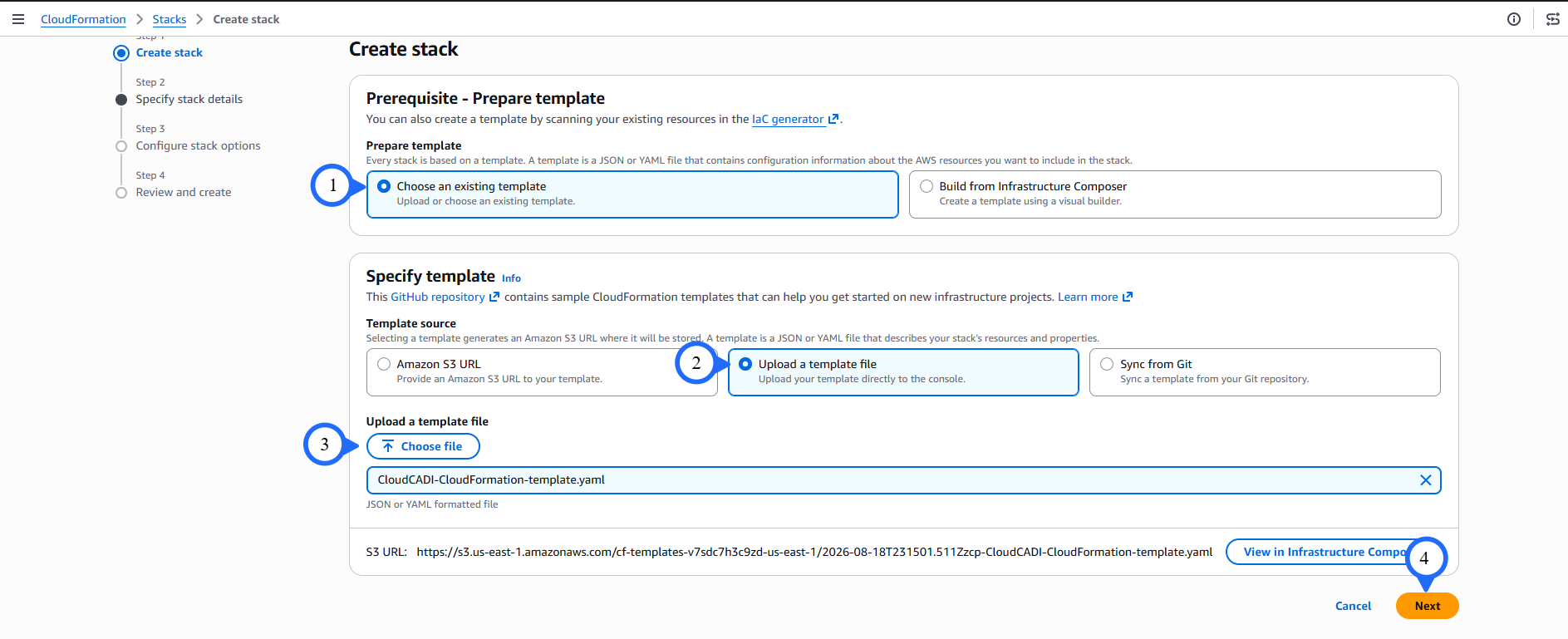 Upload the CloudFormation template
