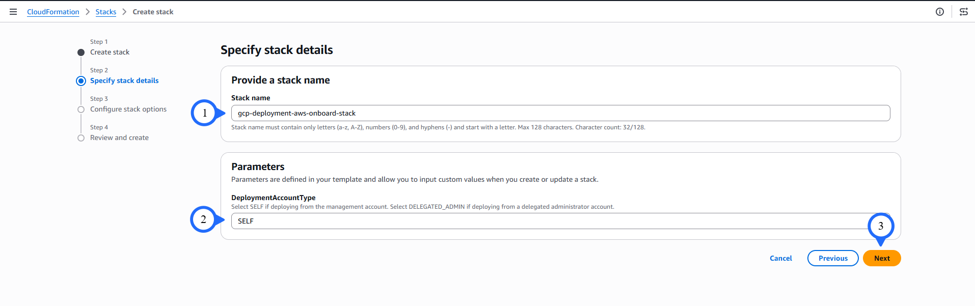 Enter stack name and parameters