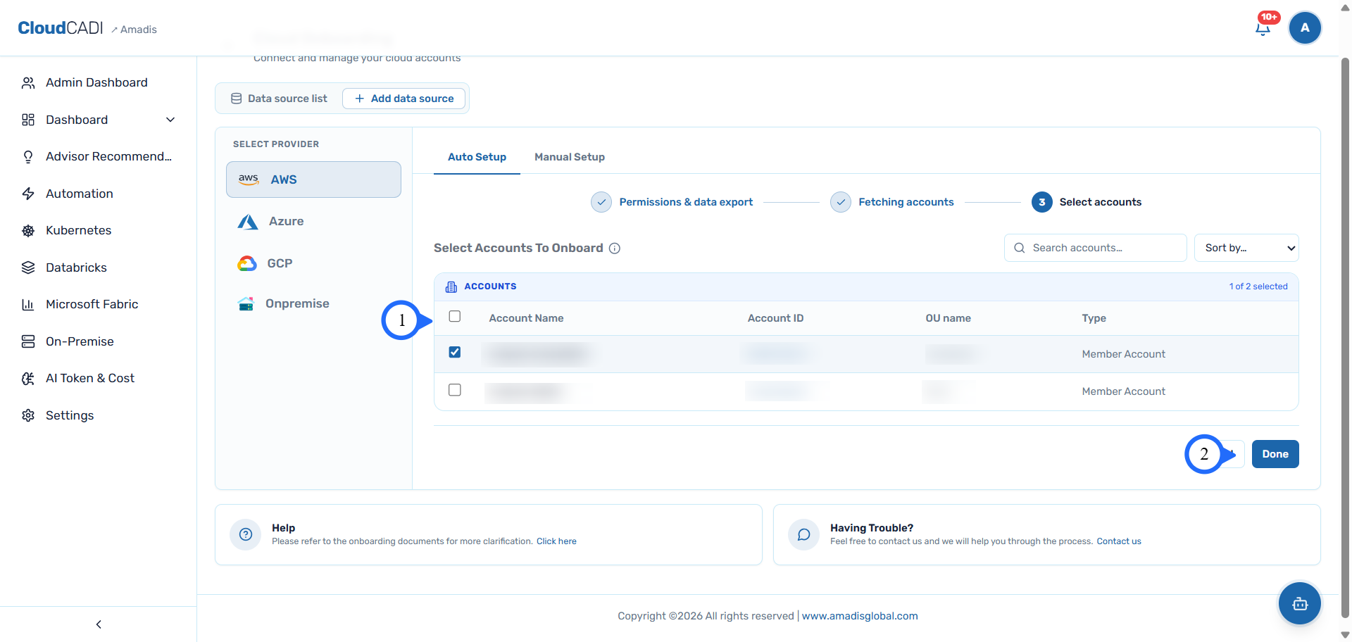 Select accounts to onboard