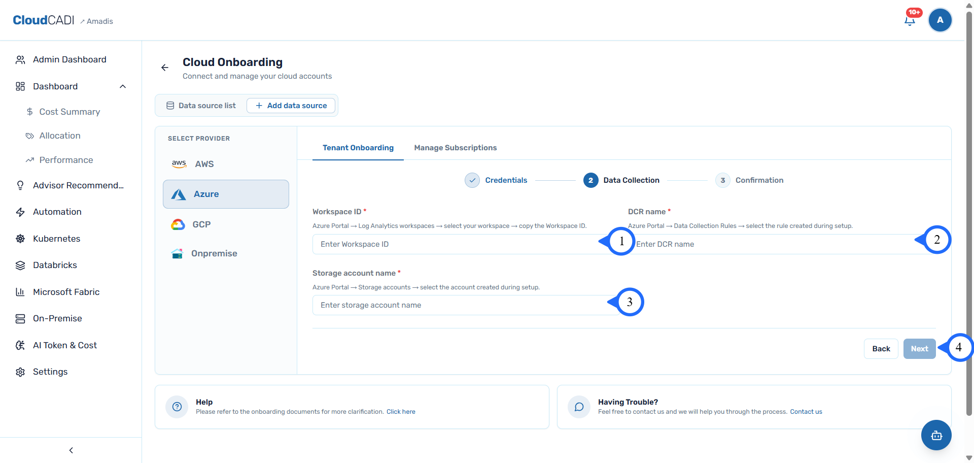 Enter workspace and storage details