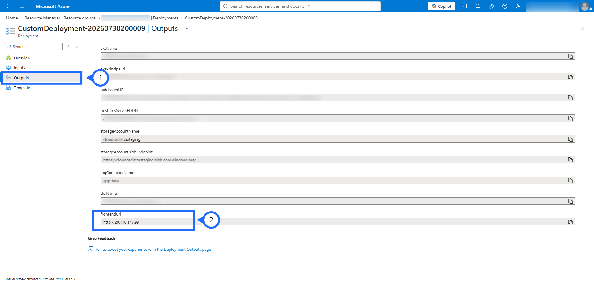 Outputs frontendUrl