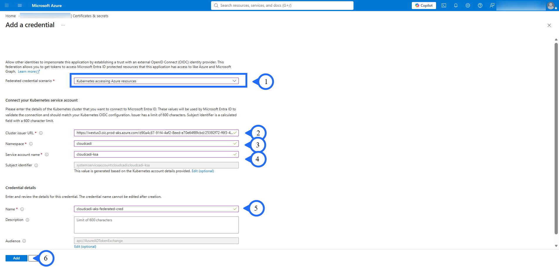 Fill in the federated credential and save it